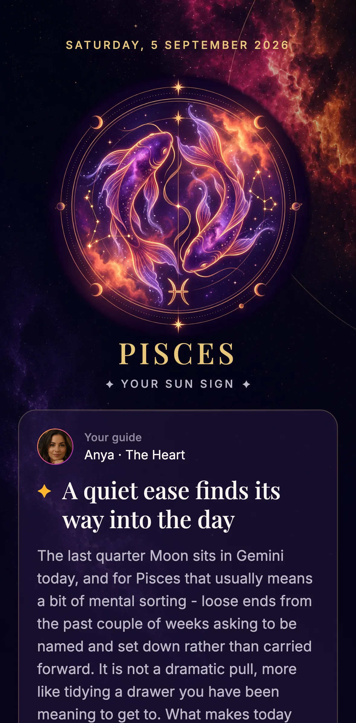 The Home screen: the date, the Pisces artwork, and today’s reading from Anya, the guide.